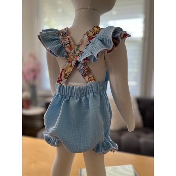 Baby Blue Baby Romper Linen Romper Toddler Bubble Romper with ruffles size 12mo - Picture 4 of 9